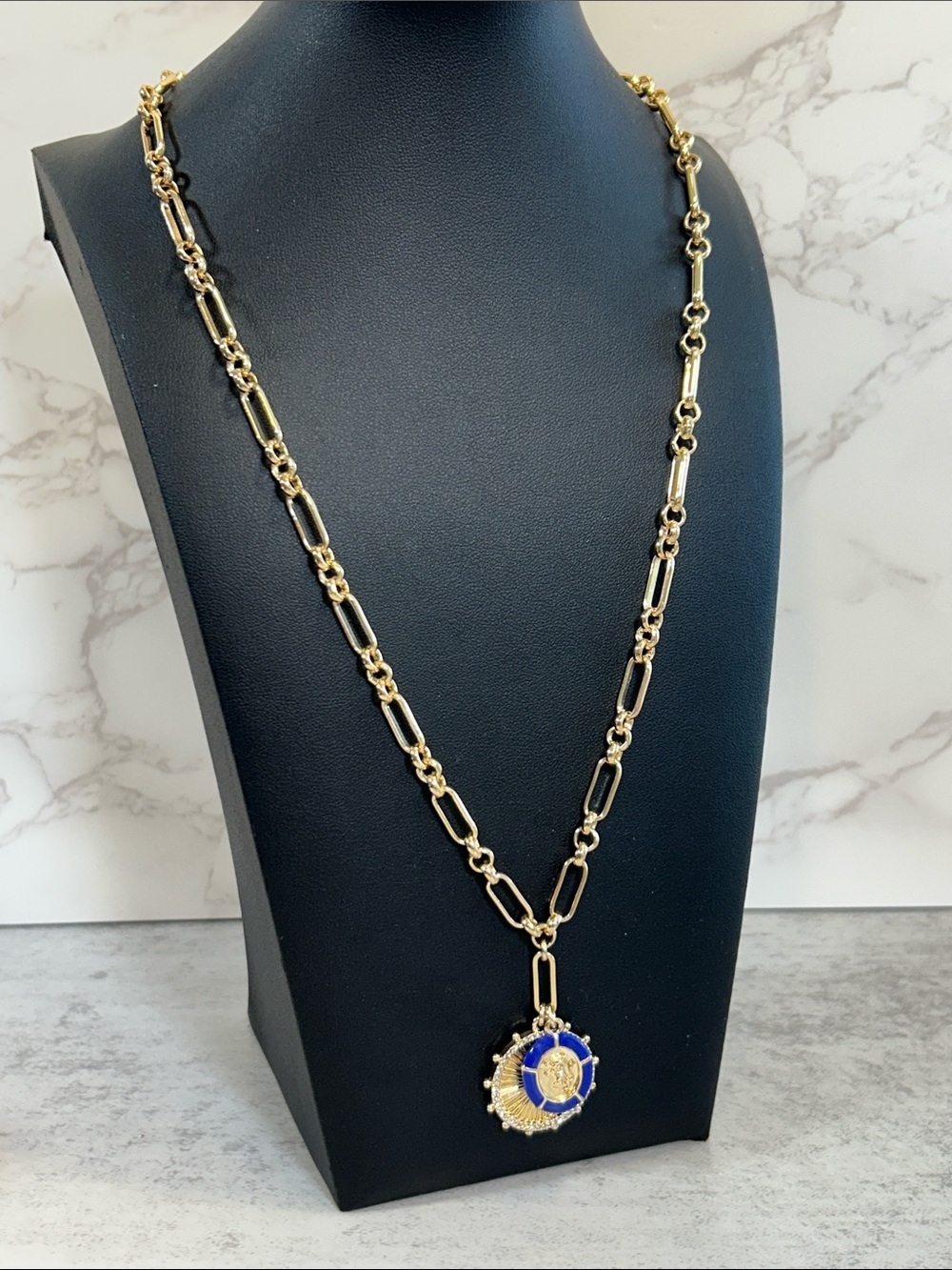 J. Crew Gold-Tone Link Necklace with Blue Enamel Medallion